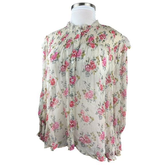 Sundance Amelia Floral Sheer Smocked Blouse Prairie Cottage Button Top Large - Picture 3 of 16